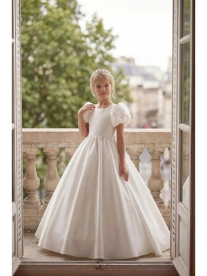  Kız Çocuk Abiye Beyaz Prenses Abiye Elbise Kabarık Kasnaklı Taç Hediyeli 5-12 Yaş