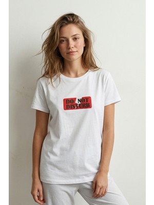 Elemge %100 Pamuk Pijama Üstü T-Shirt Süprem Compact Penye Kadın Rahat Kalıp Beyaz Kısa Kol Do Not Disturb