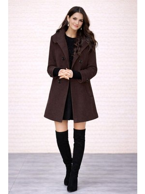 Barbora Yaka Detaylı Büyük Düğmeli Kaşe Kahverengi Kaban