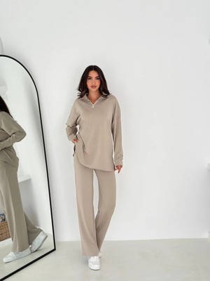 Win Moda Dik Yaka Fermuarlı Kadın Alt Üst Takım / Alt Baggy Pantolon Cepli