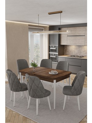 Baresmu Barlex Açılır Beyaz Mutfak Masası Takımı 6 Sandalyeli Mdf Masa Metal Ayak Lexus / Leksus Sandalye