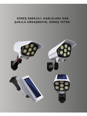 Daniska Güneş Enerjili LED Lamba + Güvenlik Kamerası Görünümlü– 5-8 M Hareket Algılamalı Beyaz Işık