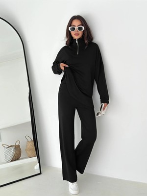 Win Moda Dik Yaka Fermuarlı Kadın Alt Üst Takım / Alt Baggy Pantolon Cepli