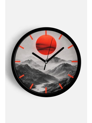 JHAAR Kırmızı Güneş Gri Dağlar Modern Duvar Saati - Büyük L 35 cm - Siyah Kasa - Camlı Sessiz