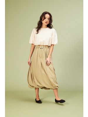 Nisan Triko Kemer Detaylı Midi Balon Etek