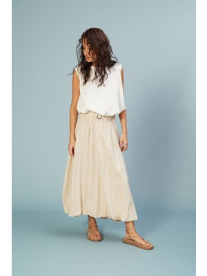 Nisan Triko Kemer Detaylı Midi Balon Etek