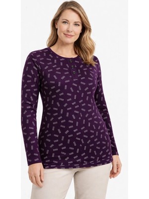 Mutlu City Kadın Desenli Yuvarlak Yaka Rahat Kesim Orta Yaş ve Üzeri Anne Penye Bluz 8602