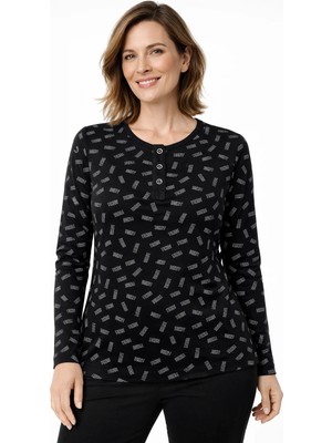 Mutlu City Kadın Desenli Yuvarlak Yaka Rahat Kesim Orta Yaş ve Üzeri Anne Penye Bluz 8602