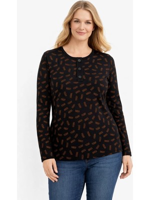 Mutlu City Kadın Desenli Yuvarlak Yaka Rahat Kesim Orta Yaş ve Üzeri Anne Penye Bluz 8602