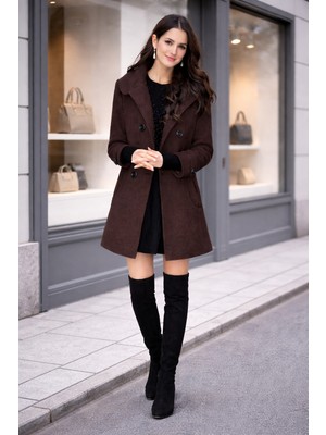 Barbora Yaka Detaylı Büyük Düğmeli Kaşe Kahverengi Kaban