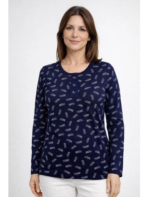Mutlu City Kadın Desenli Yuvarlak Yaka Rahat Kesim Orta Yaş ve Üzeri Anne Penye Bluz 8602