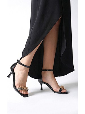 Gökhan Talay Pearl Esnek Yumuşak Kaymaz Taban (4 Cm) Siyah Rugan El Yapımı Altın Boncuk Detaylı Kadın Topuklu Ayakkabı