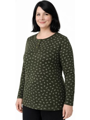 Mutlu City Kadın Desenli Yuvarlak Yaka Rahat Kesim Orta Yaş ve Üzeri Anne Penye Bluz 8602