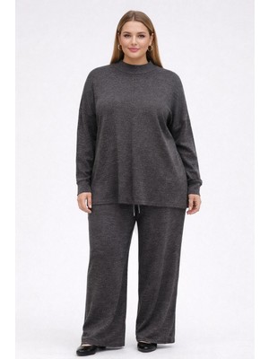 BezeXL Büyük Beden Düz Önü Dikişli Triko Ikili Takım Gri