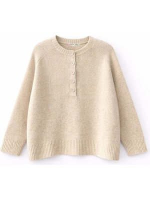 Mixray 7004 Kadın Düğmeli Basic Triko Kazak Bej