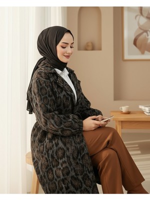 Modamorfo Kruvaze Yaka Kemerli Cepli Leopar Desen Kaşe Kap -Leopar