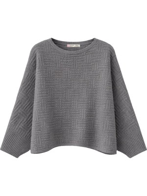 Mixray 7011 Kadın Asimetrik Dokulu Desenli Triko Kazak Antrasit