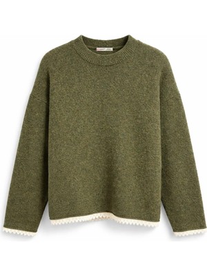 Mixray 7022 Kadın Dantel Detaylı Bisiklet Yaka Premium Triko Kazak Haki