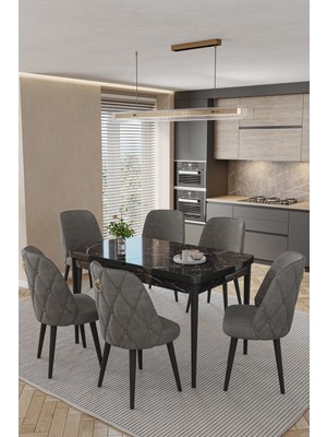 Baresmu Barlex Açılır Beyaz Mutfak Masası Takımı 6 Sandalyeli Mdf Masa Metal Ayak Lexus / Leksus Sandalye
