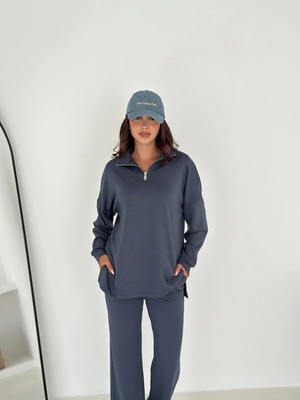 Win Moda Dik Yaka Fermuarlı Kadın Alt Üst Takım / Alt Baggy Pantolon Cepli