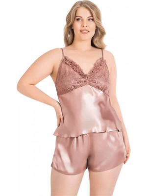 MiraLive Büyük Beden Vizon Saten Babydoll Şort Takımı