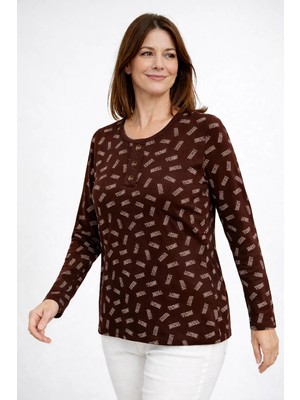 Mutlu City Kadın Desenli Yuvarlak Yaka Rahat Kesim Orta Yaş ve Üzeri Anne Penye Bluz 8602