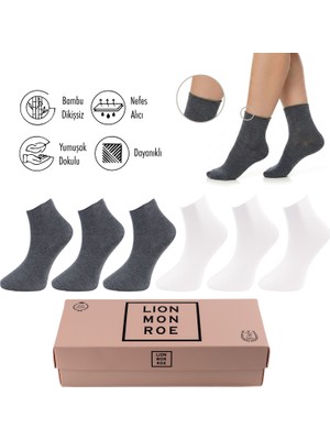 Lion Monroe Saf Bambu Kadın Lastiksiz Beyaz-Gri Soket Dikişsiz Premium Çorap Kutulu 6'lı / Iz Bırakmaz / Sıkmayan Çorap L5952AZNB Softaura