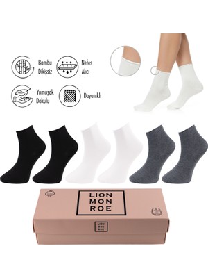 Lion Monroe Saf Bambu Kadın Lastiksiz Siyah-Beyaz-Gri Soket Dikişsiz Premium Çorap Kutulu 6'lı / Iz Bırakmaz / Sıkmayan Çorap L5952AZNB Softaura
