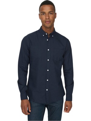 Only Slim Fit Lacivert Düz Erkek Gömlek 22006479_ONSALVARO Ls Oxford Erkek Uzun Kol Gömlek