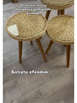 3’lü Zigon Sehpa Seti Cam Üstlü Rattan Hasır Sehpa Ahşap Ayaklı Bohem Doğal Tasarım