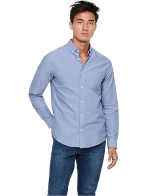 Only Slim Fit Lacivert Düz Erkek Gömlek 22006479_ONSALVARO Ls Oxford Erkek Uzun Kol Gömlek