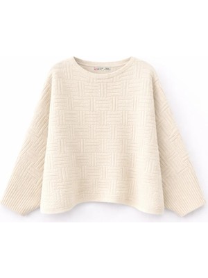 Mixray 7011 Kadın Asimetrik Dokulu Desenli Triko Kazak Naturel