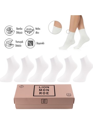 Lion Monroe Saf Bambu Kadın Lastiksiz Beyaz Soket Dikişsiz Premium Çorap Kutulu 6'lı / Iz Bırakmaz / Sıkmayan Çorap L5952AZNB Softaura