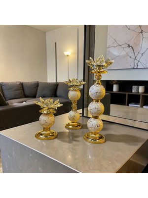 Sleep Nova Lotus Kristal Dekoratif Şamdan Mumluk Gold Siyah Mermer Görünümlü Salon Masa Dekoru