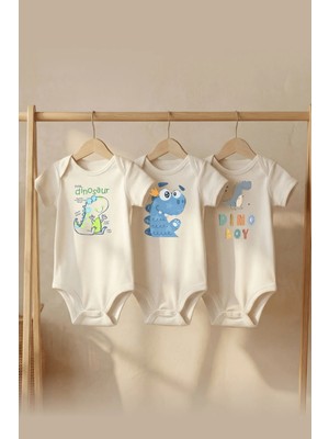 Pamuk Saray Organik %100 Pamuklu 3'lü Set Sevimli Dinozorlar Baskılı Kısa Kollu Çıtçıtlı Bebek Body Badi Zıbın