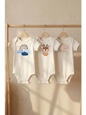Pamuk Saray %100 Organik Geyik ve Gökkuşağı Hayvan Baskılı Kısa Kollu Çıtçıtlı Bebek Body Badi Zıbın
