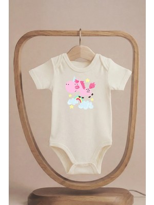 Pamuk Saray Organik %100 Pamuklu Sevimli Unicorn Baskılı Kısa Kollu Çıtçıtlı Bebek Body Badi Zıbın