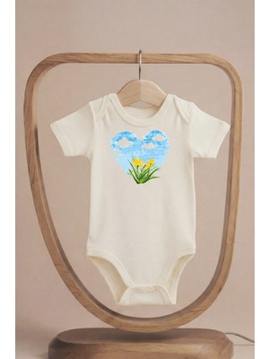 Pamuk Saray Organik %100 Pamuklu Mavi Gökyüzü ve Bulut Baskılı Kısa Kollu Çıtçıtlı Bebek Body Badi Zıbın