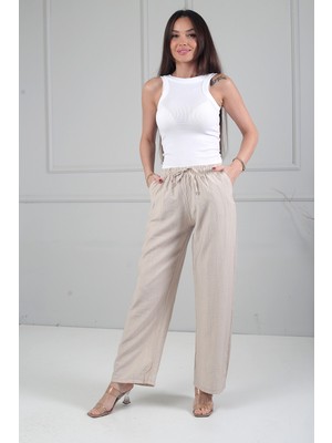 By Saygı Kadın Beli Lastikli Cepli Çilek Bol Paça Pantolon