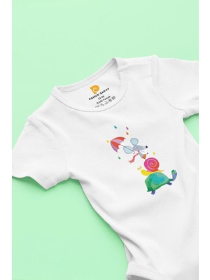 Pamuk Saray Organik %100 Pamuk Masal Hayvanları Baskılı Kısa Kollu Çıtçıtlı Bebek Body Badi Zıbın