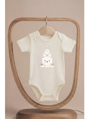 Pamuk Saray Organik %100 Pamuklu Sevimli Ayı Ailesi Baskılı Kısa Kollu Çıtçıtlı Bebek Body Badi Zıbın