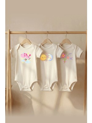 Pamuk Saray Organik %100 Pamuklu 3'lü Unicorn Güneş ve Ay Baskılı Kısa Kollu Çıtçıtlı Bebek Body Badi Zıbın