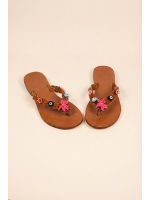 Türkbükü Sandalet Hakiki Deri Parmak Arası Sandalet - Taba Boncuklu Iğne Oyalı 15K