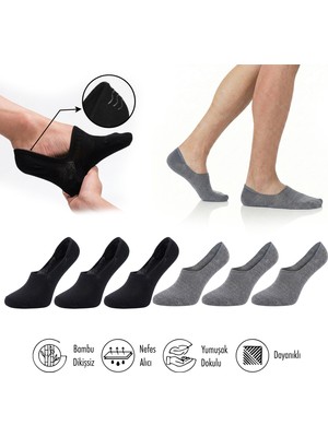 Lion Monroe Saf Bambu Erkek Babet Siyah-Gri Çorap Dikişsiz Görünmez Kaydırmaz Topuk Silikonlu Premium 6'lı Paket L5952AZNB Softaura