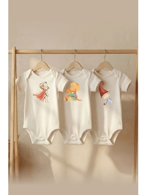 Pamuk Saray Organik %100 Pamuklu 3'lü Set Minik Sevimli Prens Baskılı Kısa Kollu Çıtçıtlı Bebek Body Badi Zıbın