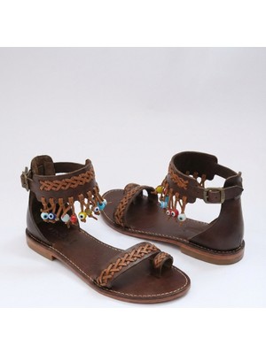 Türkbükü Sandalet Hakiki Deri Halhal Detaylı Nazar Boncuklu Bilekli Örgü Sandalet - Taba