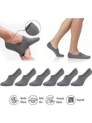 Lion Monroe Saf Bambu Erkek Babet Gri Çorap Dikişsiz Görünmez Kaydırmaz Topuk Silikonlu Premium 6'lı Paket L5952AZNB Softaura