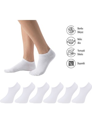 Lion Monroe Saf Bambu Erkek Sneaker Beyaz Çorap Dikişsiz Görünmez Bilekte Spor Çorap Premium 6'lı L5952AZNB Softaura