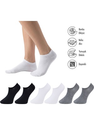 Lion Monroe Saf Bambu Erkek Sneaker Siyah-Beyaz-Gri Çorap Dikişsiz Görünmez Bilekte Spor Çorap Premium 6'lı L5952AZNB Softaura