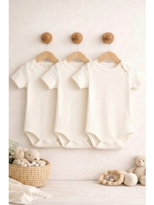 Pamuk Saray Bebek Zıbını %100 Pamuk Kısa Kollu Amerikan Yaka Kırık Beyaz Çıtçıtlı Body 0-36 Ay 3 Adet